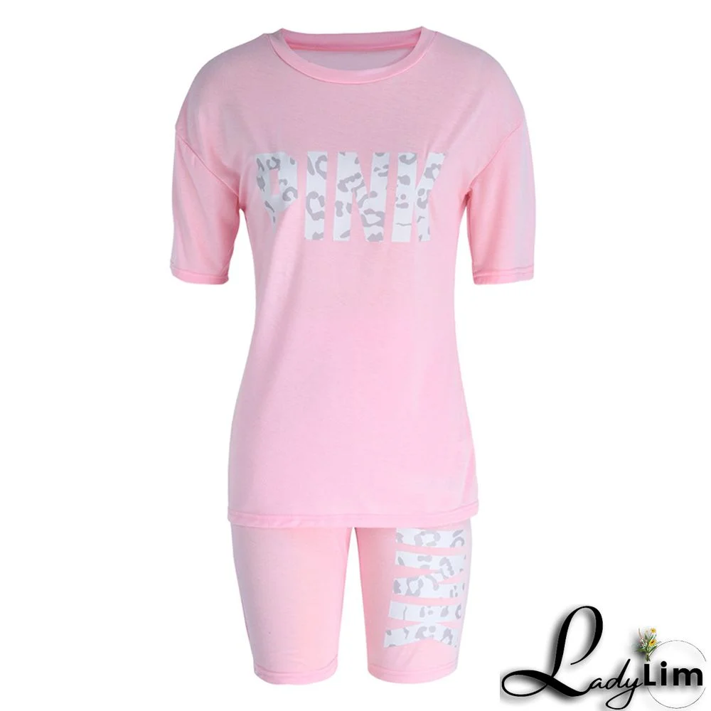 Blue Fashion Casual Letter Print Patchwork O Neck Short Sleeve Two Pieces