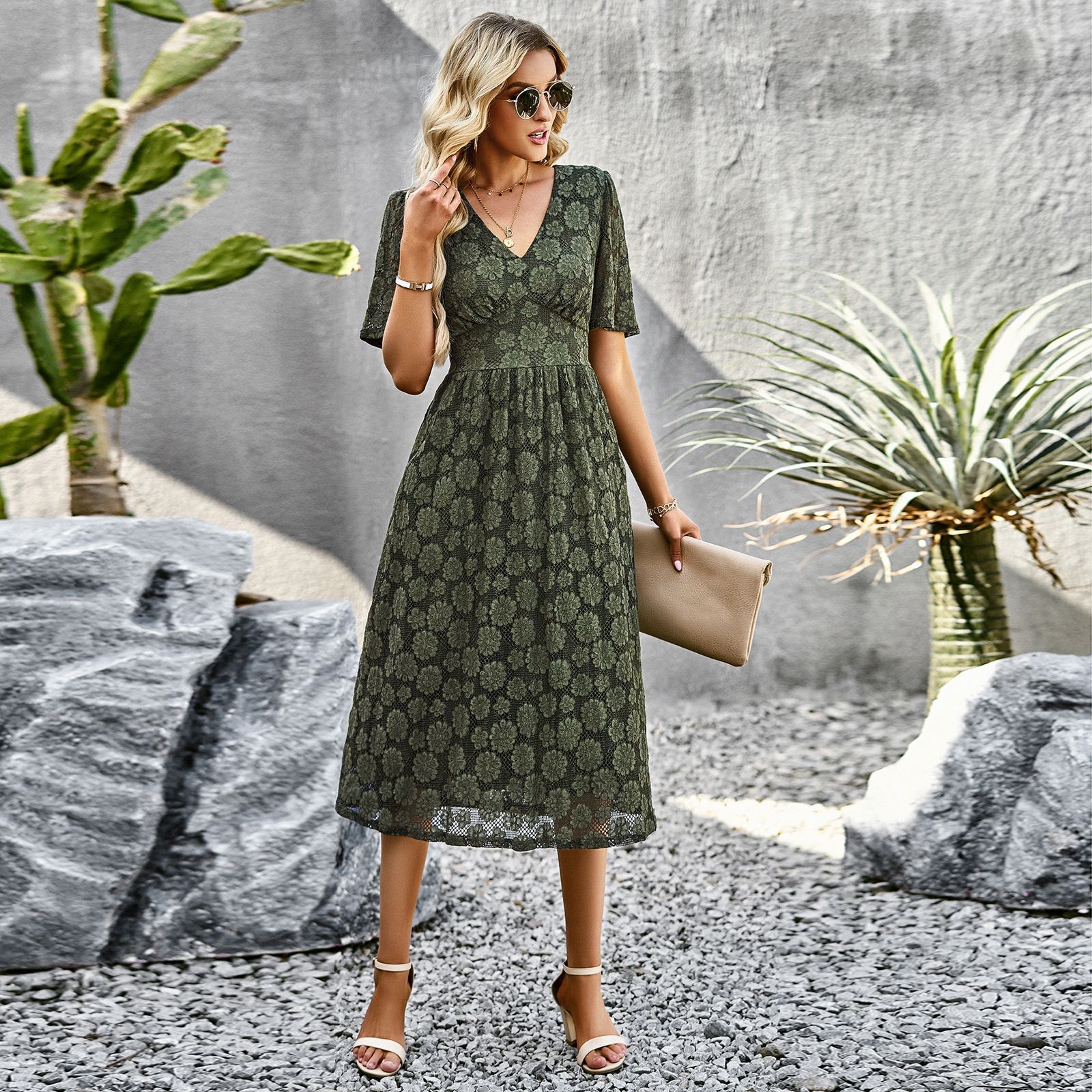 Mature Women Summer Lace Dress Elegant Waist V-neck Dress