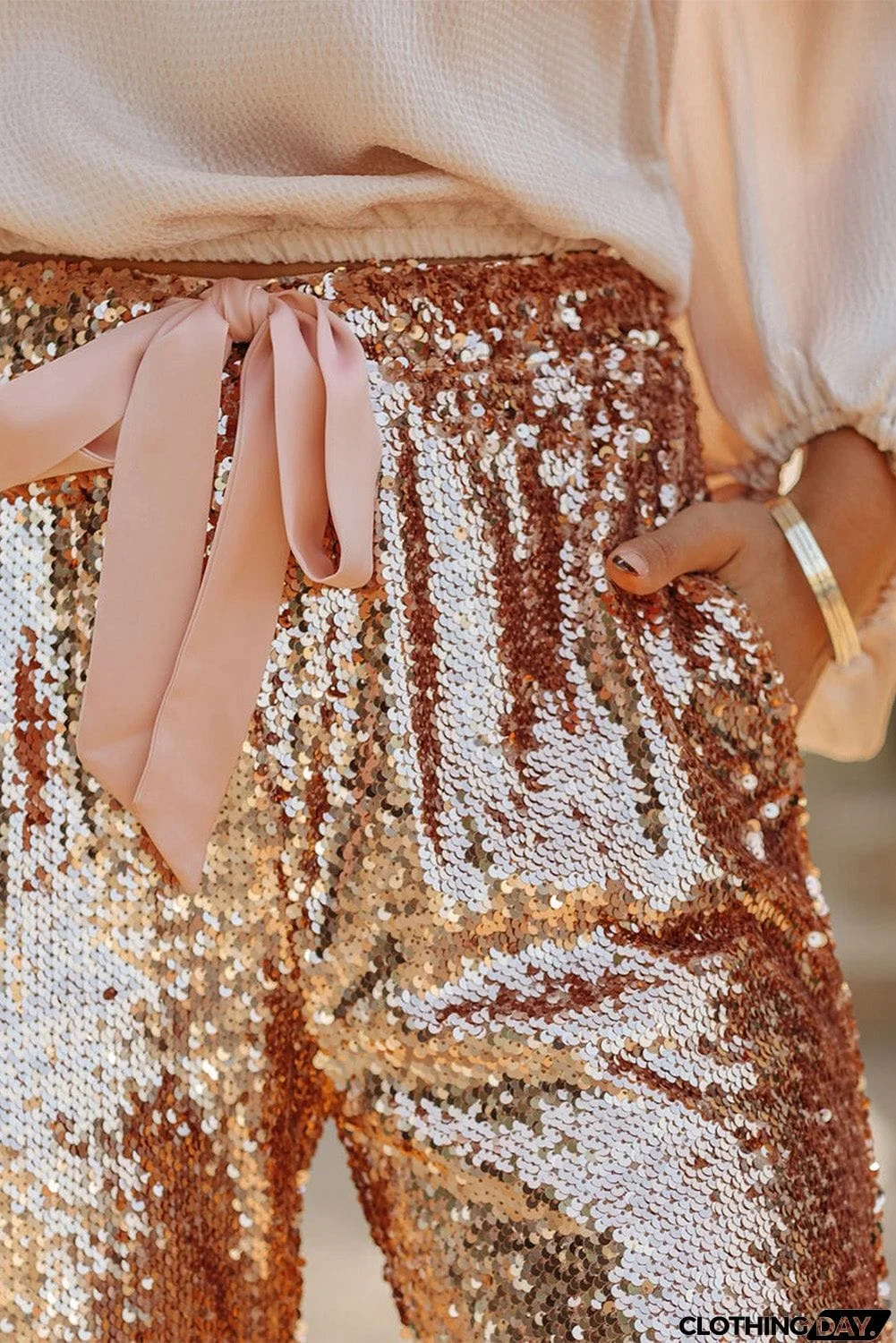 Gold Pocketed Sequin Crop Pants
