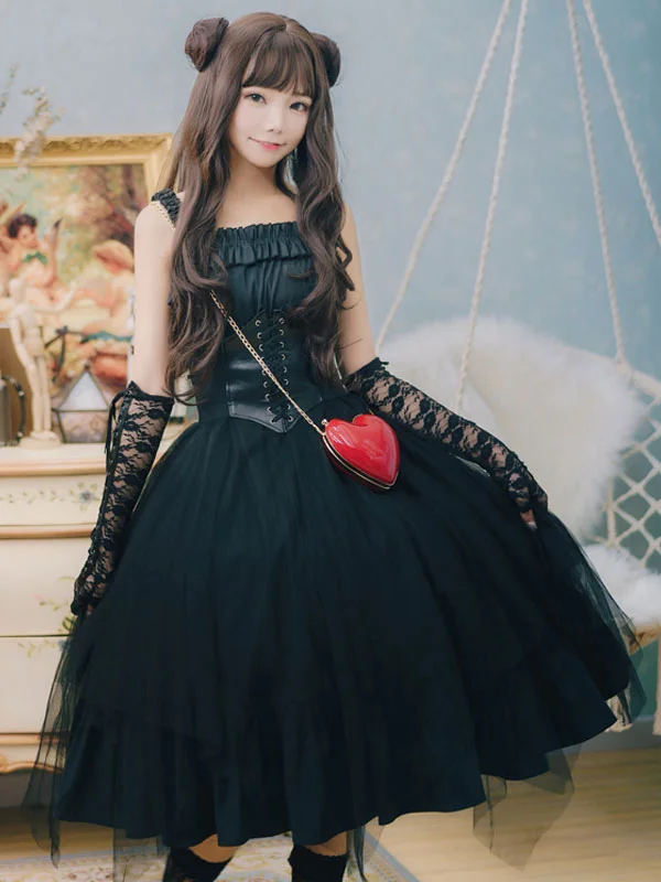 Gothic Lolita JSK Dress  Sleeveless  Pleated Little Black Girls Dress  Novameme