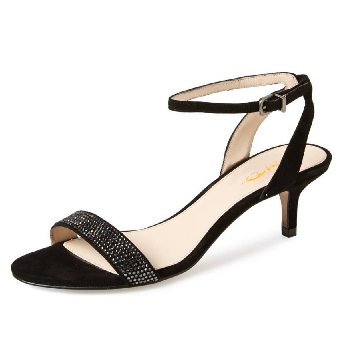 Black Faux Suede Open Toe Kitten Heel Rhinestone Sandals Nicepairs