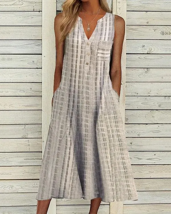 Sleeveless Button V Neck A Line Dress