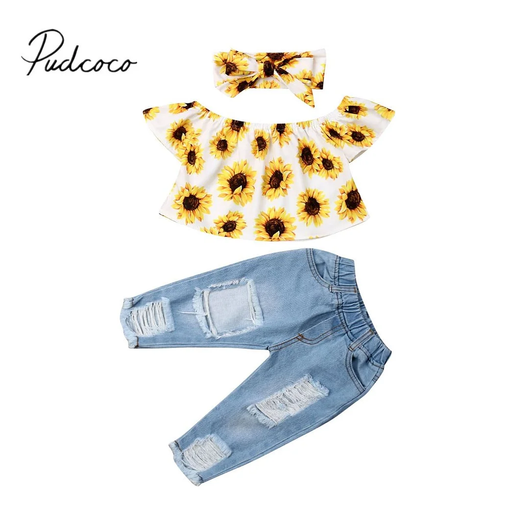 2019 Baby Summer Clothing Fashion Kids Baby Girl Off Shoulder Tops Sunflower Shirt Ripped Denim Jeans 3Pcs Outfits Set 6M-4T