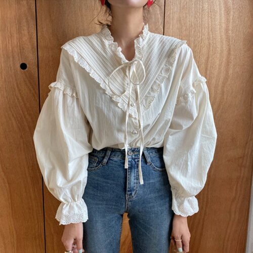 Fashion Puff Sleeve Loose Women Shirts Lace Patchwork Vintage Blouse