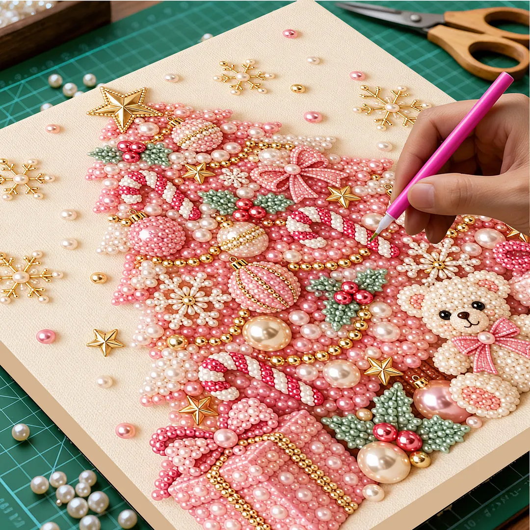 Framed Pearl Painting Kit Pink Christmas Tree 7.87x7.87in
