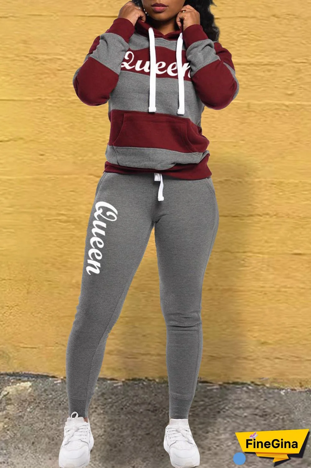 Black Casual Letter Striped Print Patchwork Contrast Hooded Collar Long Sleeve Two Pieces