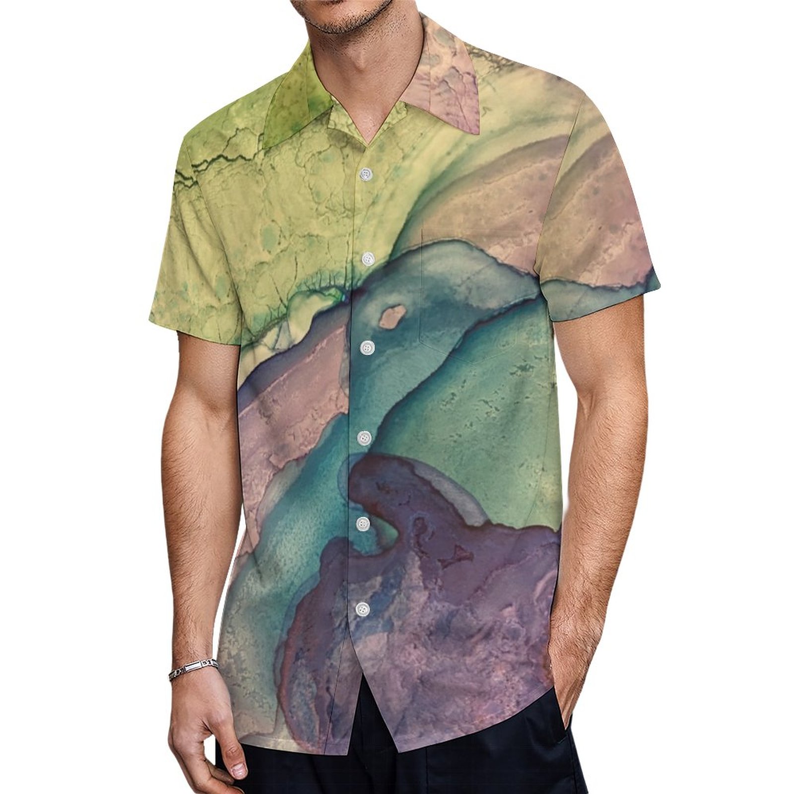 Colorful Textured Alcohol Ink Liquid Abstract Art Hawaiian Shirt Mens Button Down Tropical Hawaii Beach Shirts