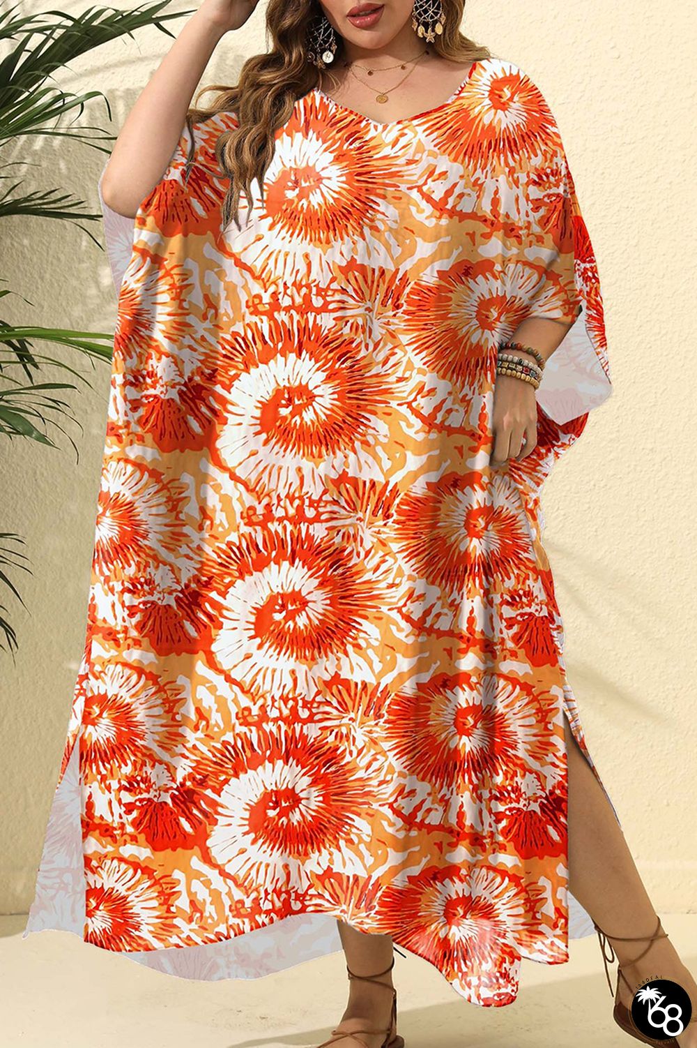 Tangerine Plus Size Street Dot Leopard Paisley Patchwork Asymmetrical Printing V Neck Irregular Dress Plus Size Dresses | 168DEAL