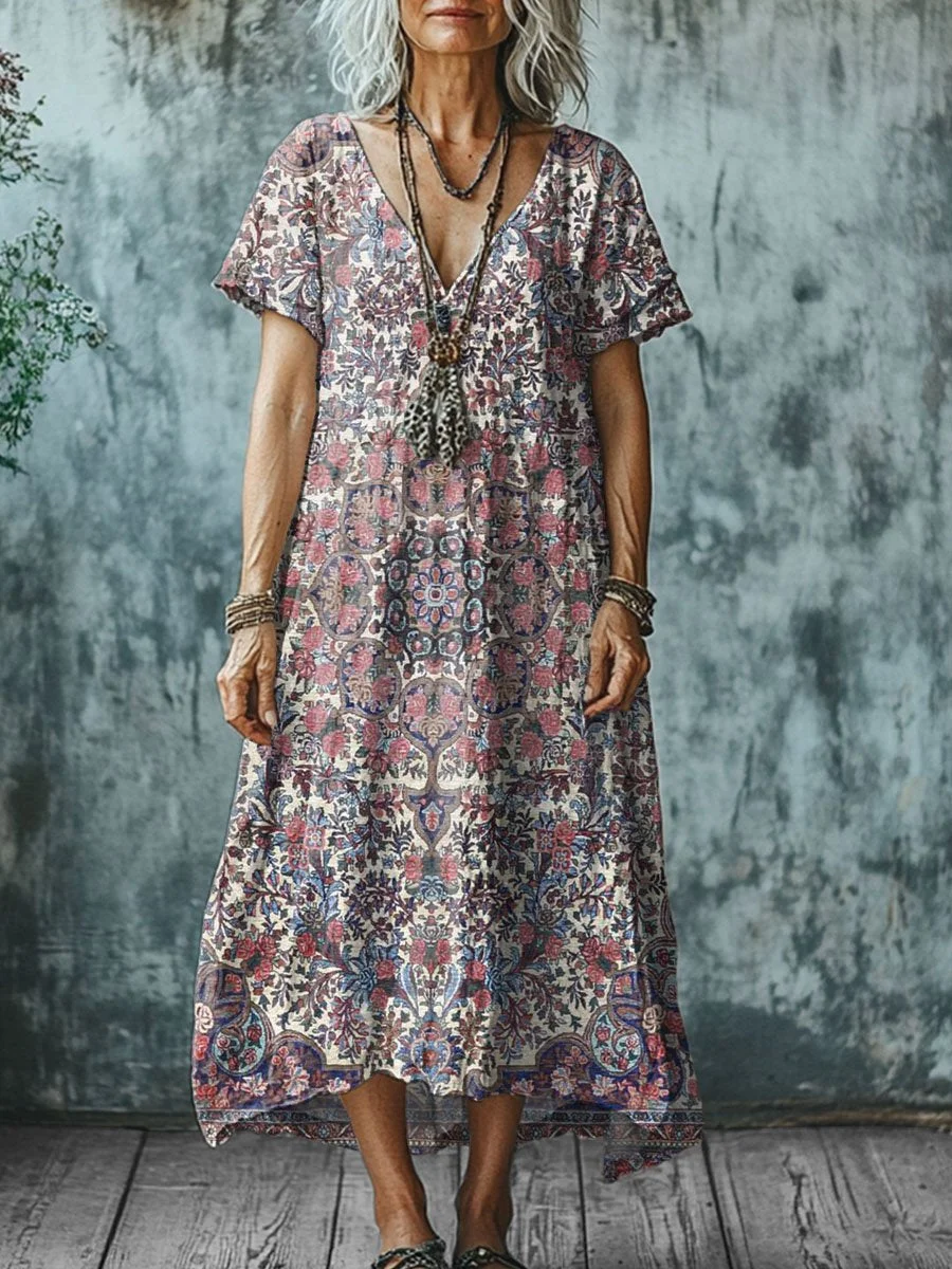 Women's  Vintage Symmetry Art Print Pocket Cotton Dress