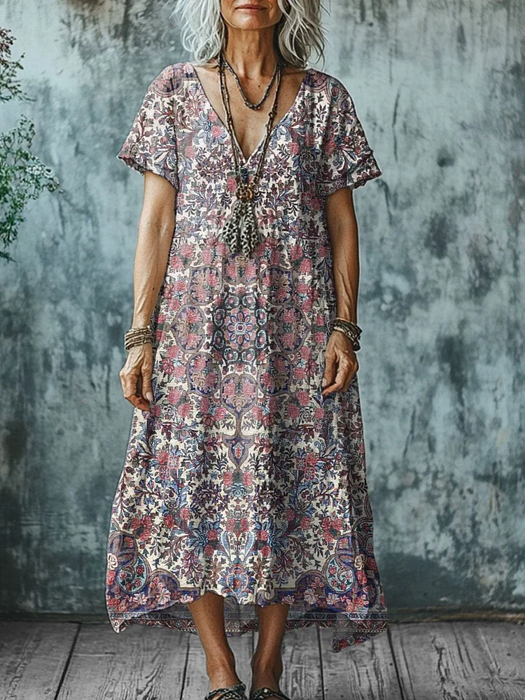Women's  Vintage Symmetry Art Print Pocket Cotton Dress