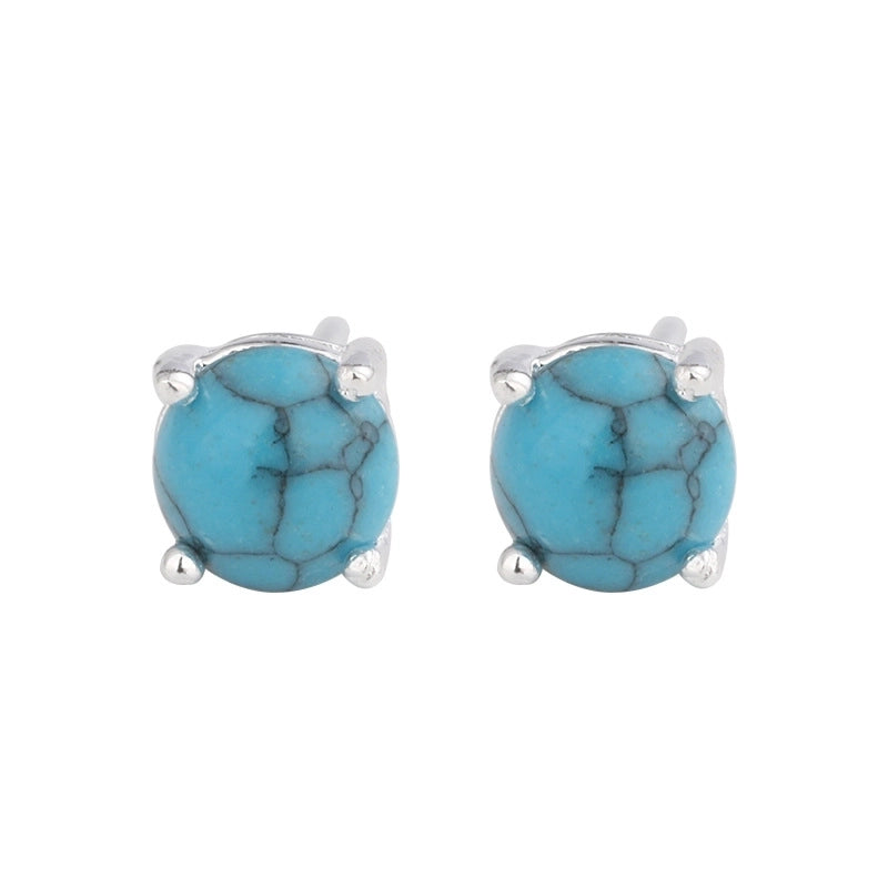 1 Pair 925 Sterling Silver Turquoise 925 Sterling Silver Earrings Round Ear Studs