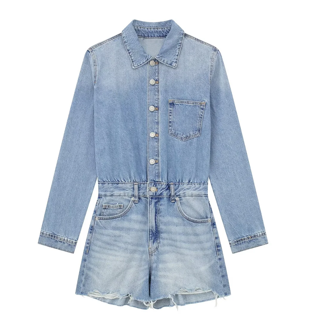Women's Retro Lapel Long Sleeve Denim Short Jumpsuit Romper Overall