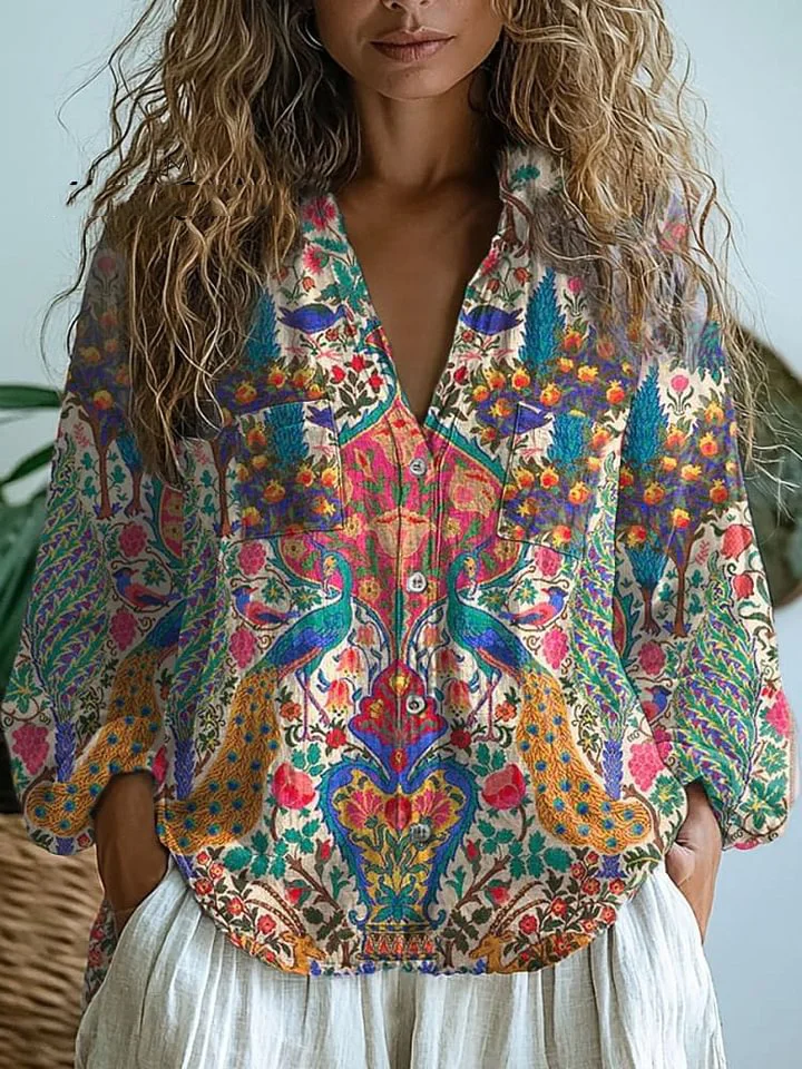 Women's  Retro Floral Art Print Casual Long Sleeve Comfortable Cotton Shirt