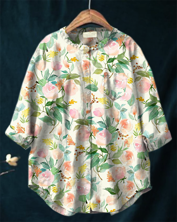 Vintage Floral Print Stand Collar Long Sleeve Cotton and Linen Shirt