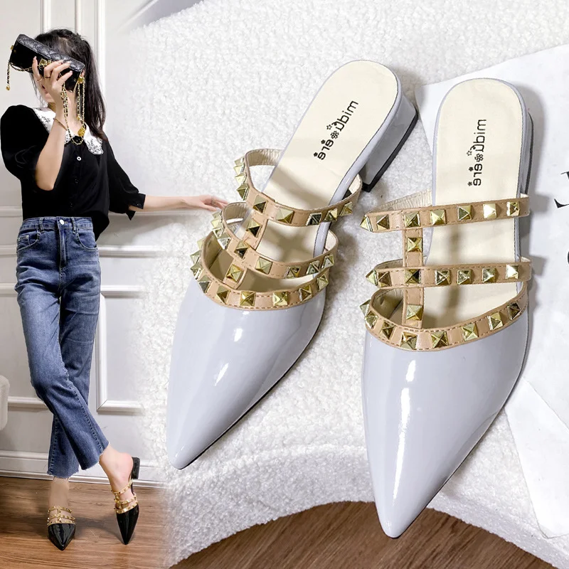 Breakj Breakj Rivet Cool Slippers Women Wear Flat-Bottomed Summer Shoal Sharp Leather Tip Half Slippers