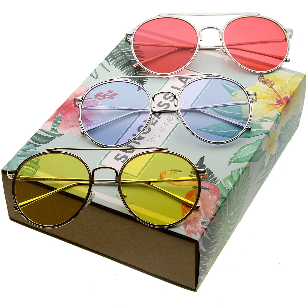 Modern Metal Crossbar Slim Temple Colored Flat Lens Round Aviator glasses 54mm