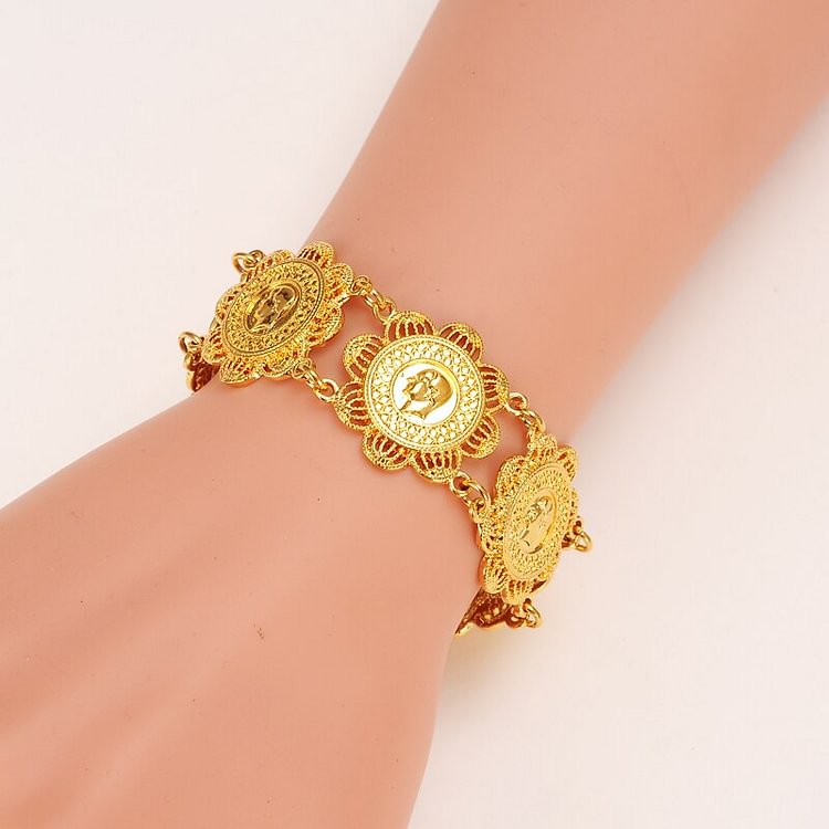 24k 17.5cm+5.5cm  Money Coin Bracelet Gold  Islamic Muslim Arab Coins Bracelet for Women