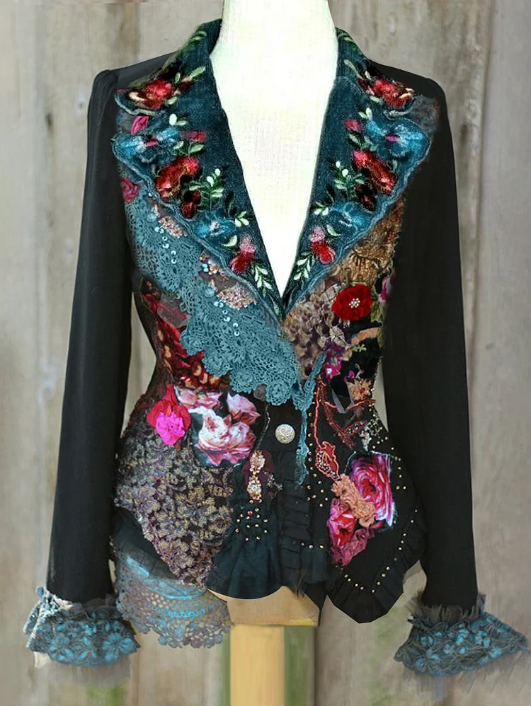Ursime Elegant Floral Lapel Collar Lace Cuff Asymmetric Jacket