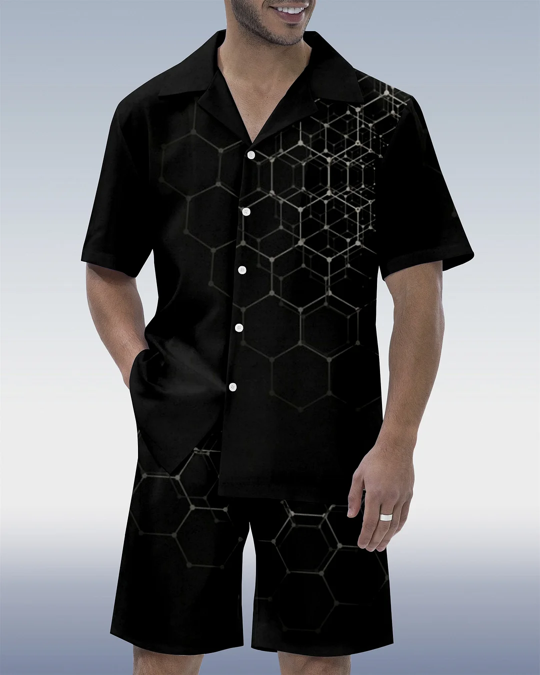 Men's Colorblock Geometric Hawaiian Cuban Collar Short Sleeve Shirt Set 03