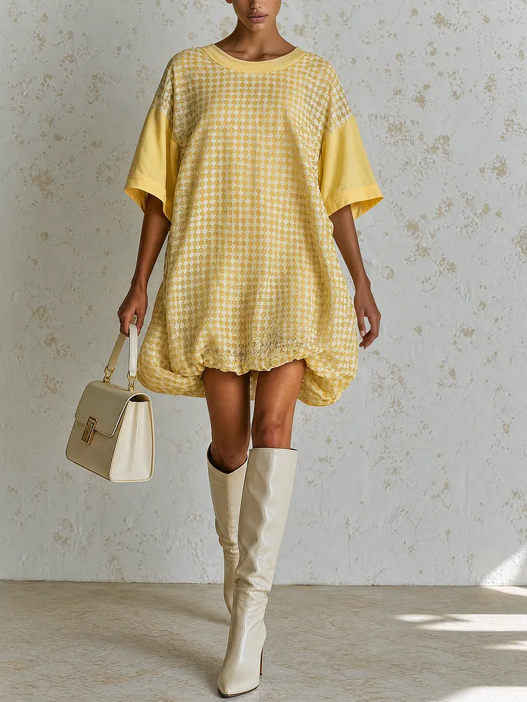 Yellow Grid Chiffon Patchwork Bubble Hem Oversized Mini Dress