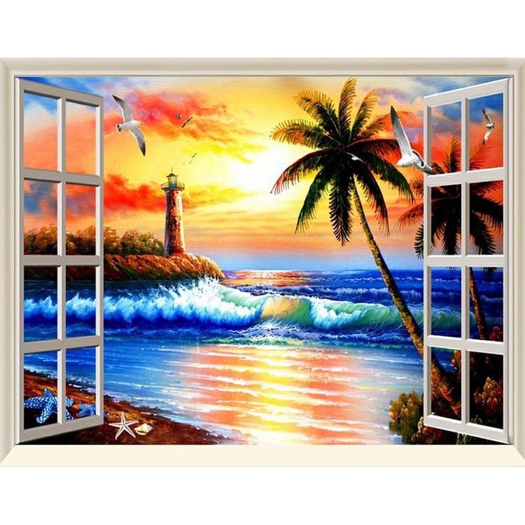 Peinture de diamant - rond complet - plage de fenêtre de coucher du soleil