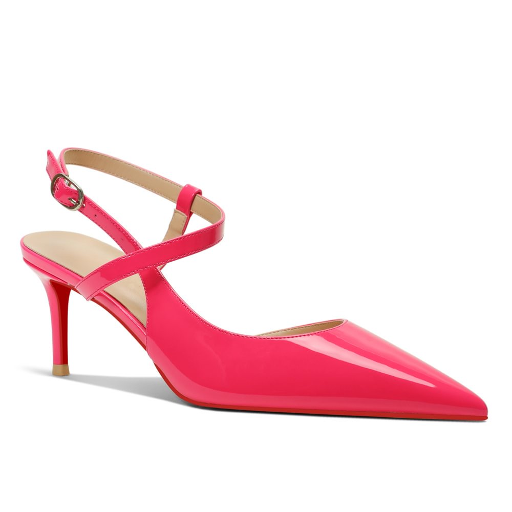65mm Women Slingback Red Bottom Pumps Ankle Strap Jenlove Stiletto Mid Heel Close Pointed Toe Dress Red Soles Sandals Shoes-MERUMOTE
