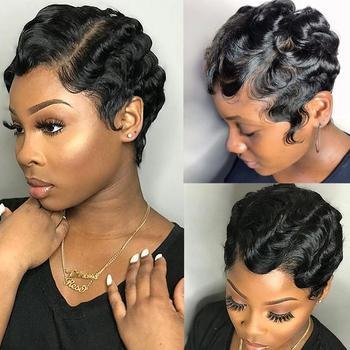 Black Pxied Cut Short Wave WChic Curly Wigs