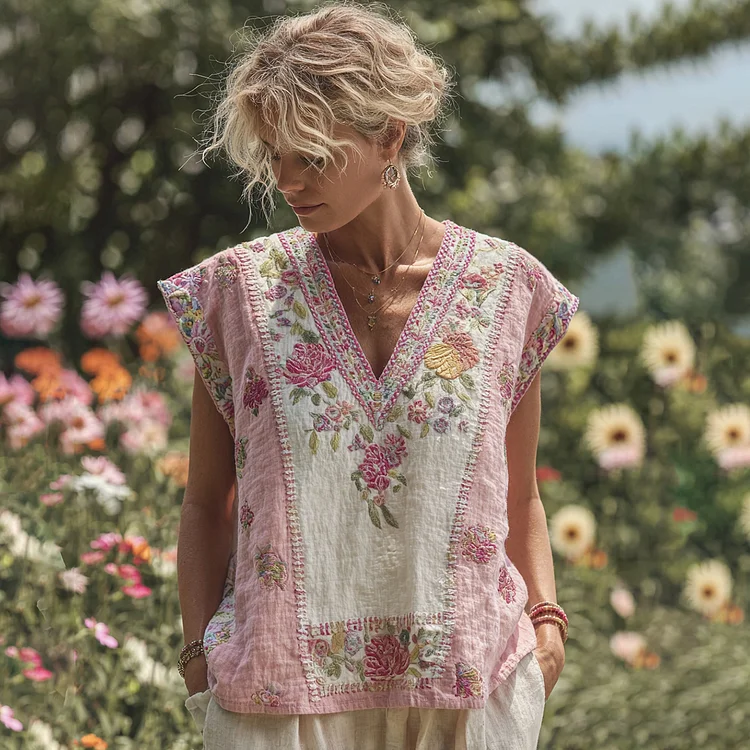 Women's Bohemian Contrast Floral V-neck Tank Top