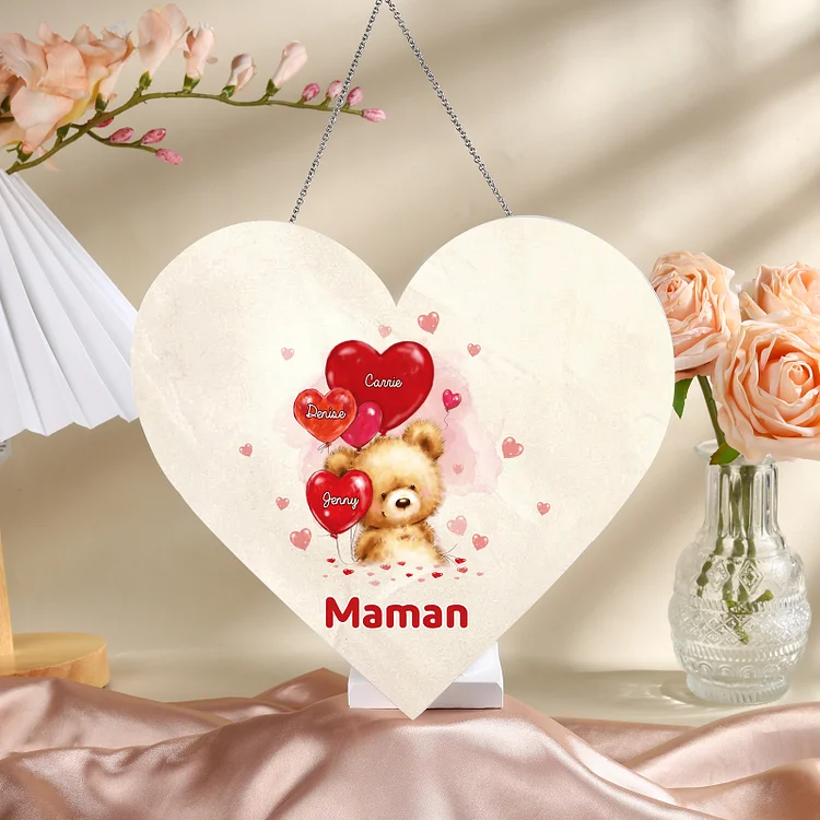 À Maman/Mamie - Veilleuse Cœur Décoration Ours 3 Prénoms Personnalisés avec 1 Texte Jessemade FR