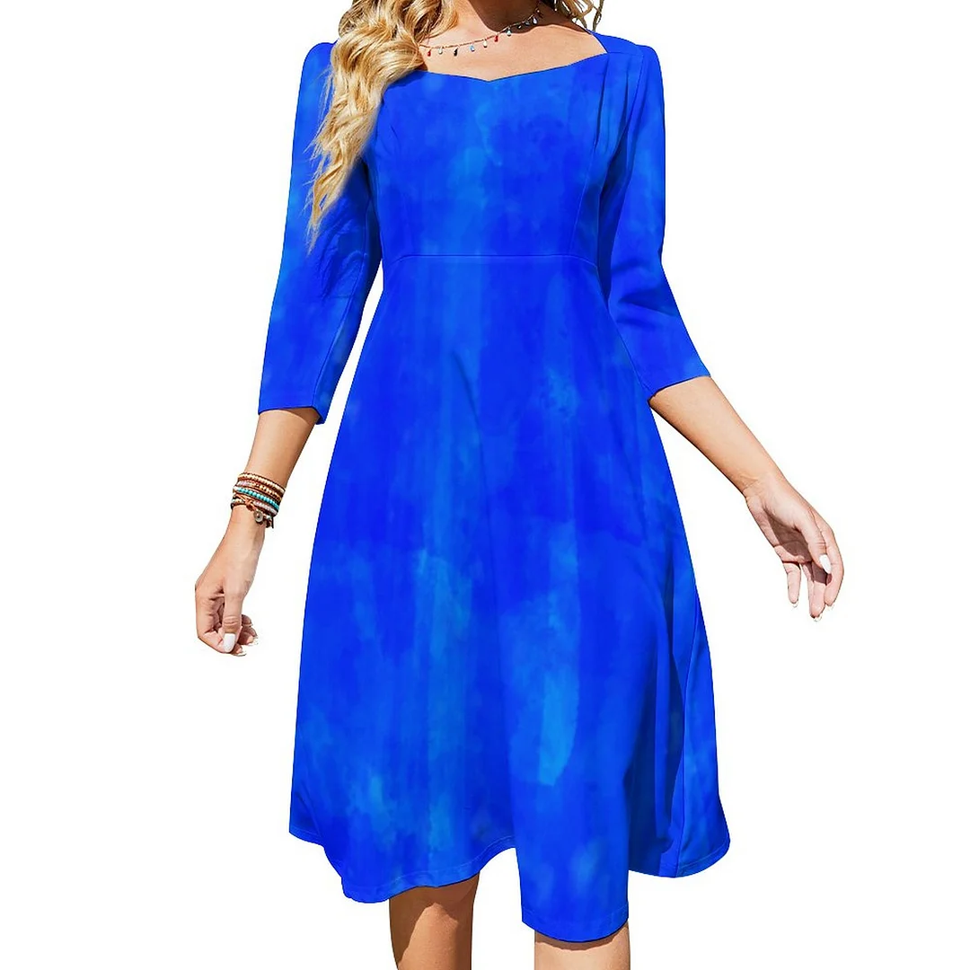 Ocean Blue All Over Watercolor Paint Dress Sweetheart Tie Back Flared 3/4 Sleeve Midi Dresses