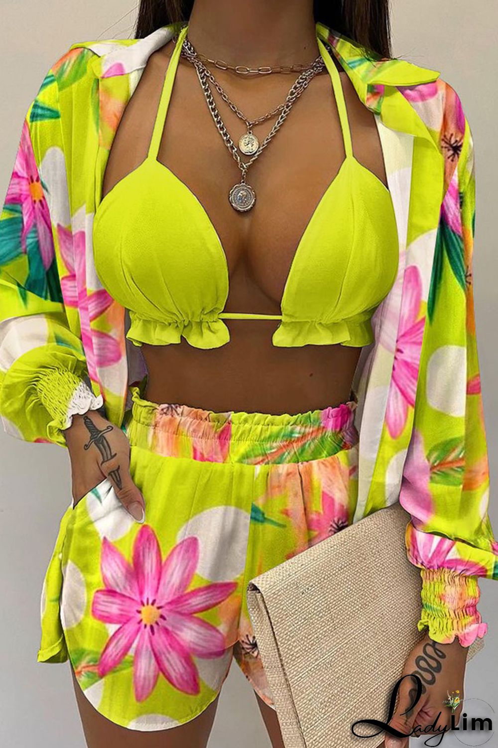Yellow Sexy Print Patchwork Turndown Collar Long Sleeve Three Pieces
