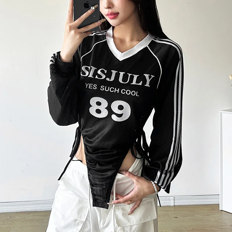 Uveng Autumn 2024 New Women's Unique Number Printing Side Striped Pull Rope Design Top