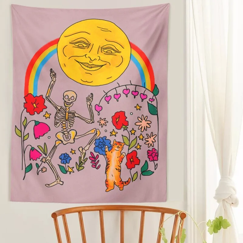 Flower Cats Moon Tapestry Wall Hanging Cartoon Rainbow Carpet Tapestries Wall Cloth Yoga Carpet Bohemian Decor Gift Decor print