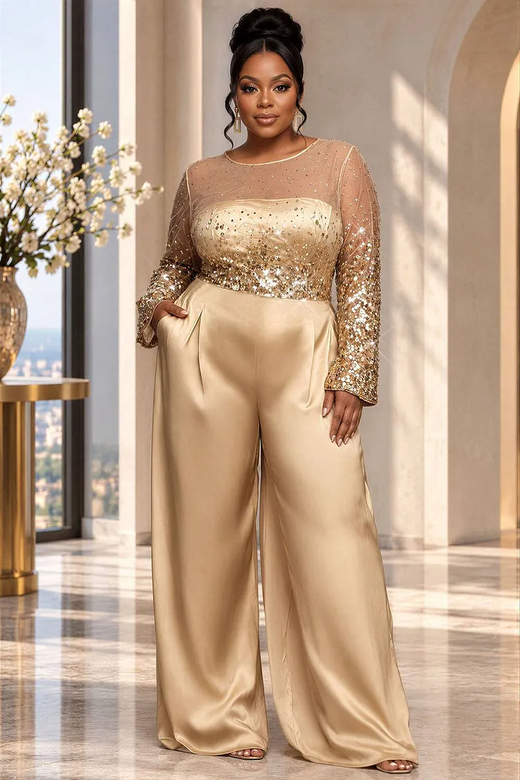 Xpluswear Design Plus Size Formal Sequin Gold Round Neck Long Sleeve Pocket Contrast Satin Jumpsuits [Pre-Order] 2024 - Xpluswear