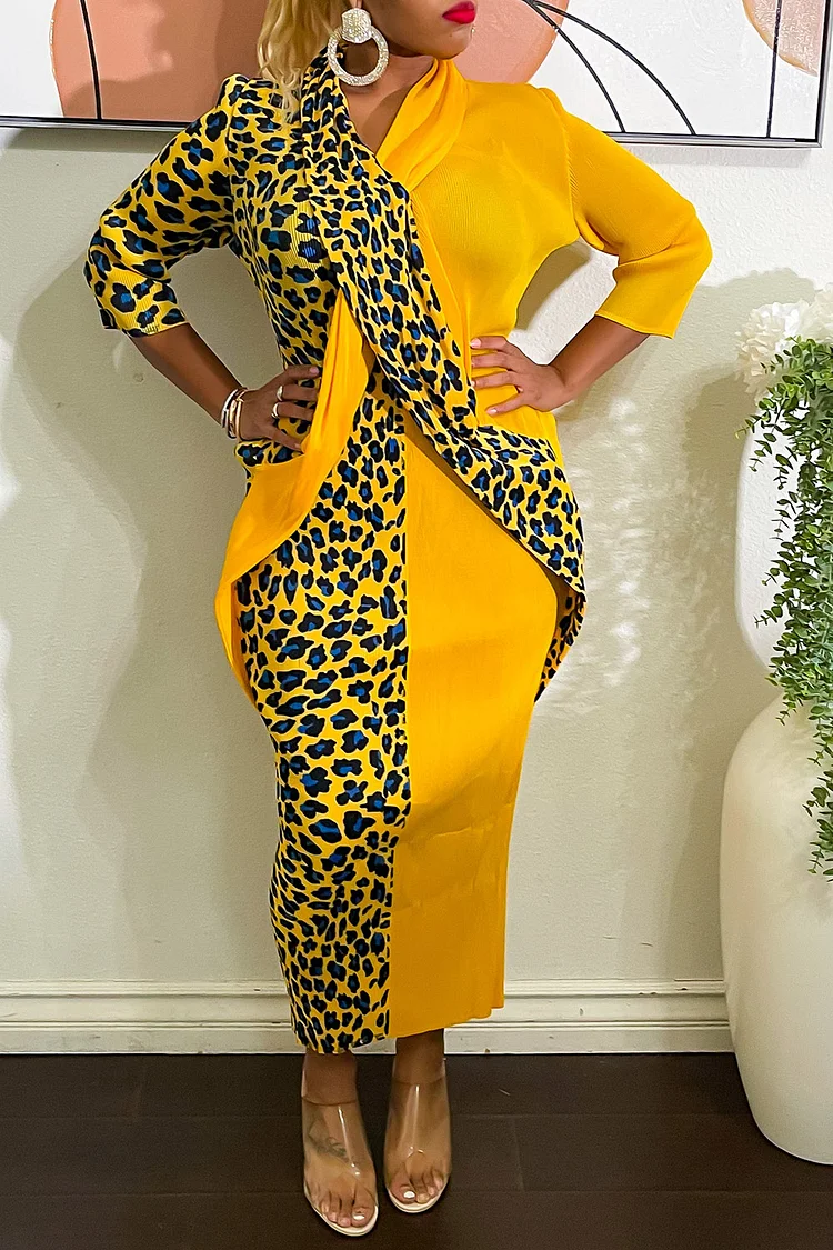 Plus Size Cocktail Party Dress Yellow Leapard Print Patchwork 3/4 Sleeve Maxi Dress 