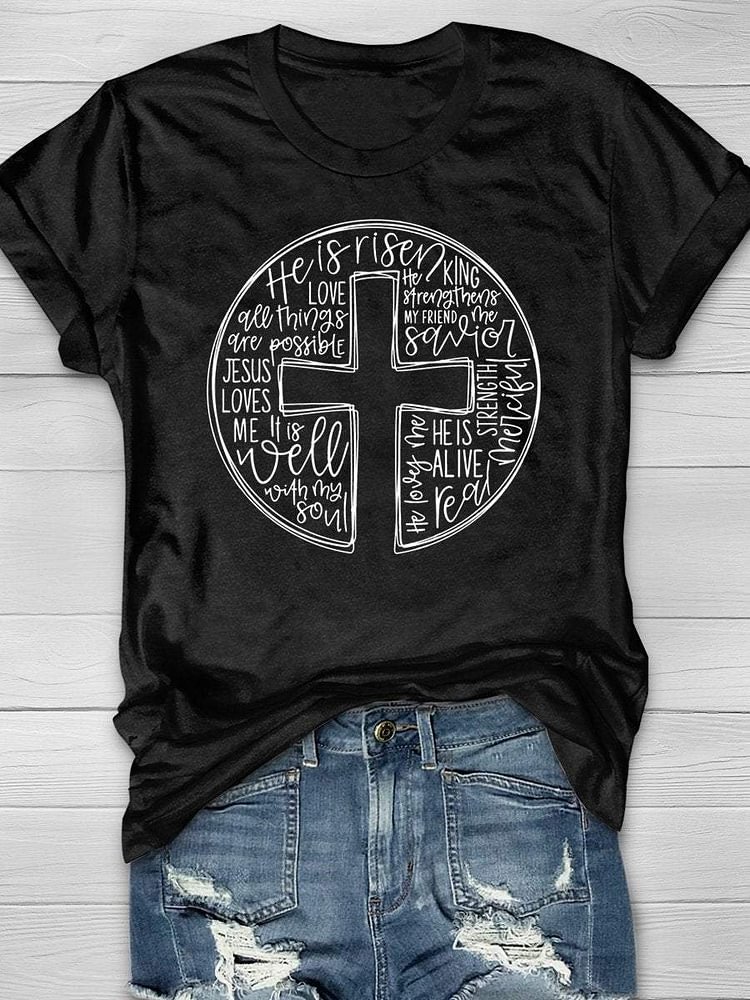 He Is Risen Happy Easter Print Short Sleeve T-shirt