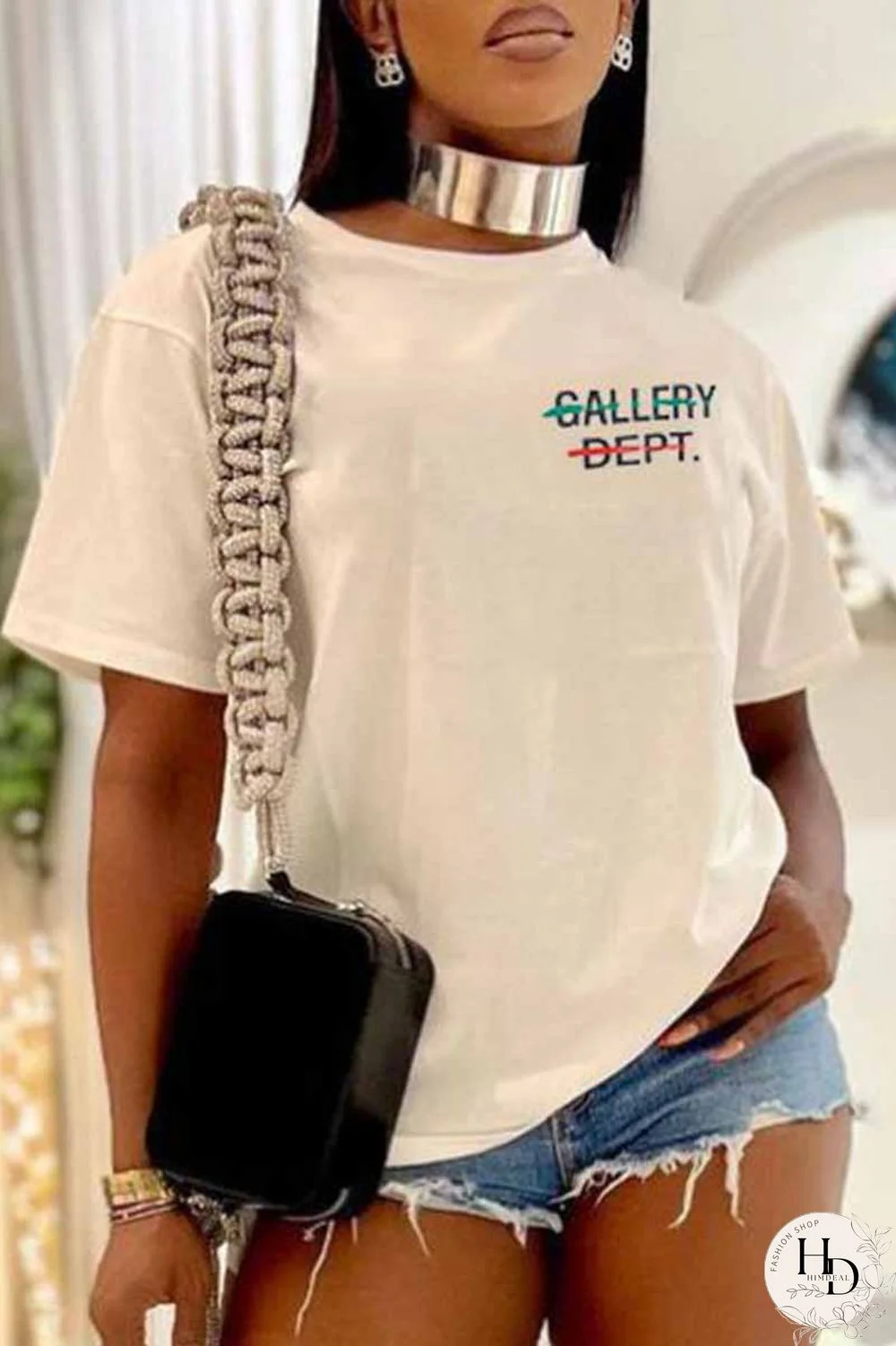 White Casual Print Letter O Neck Plus Size Tops