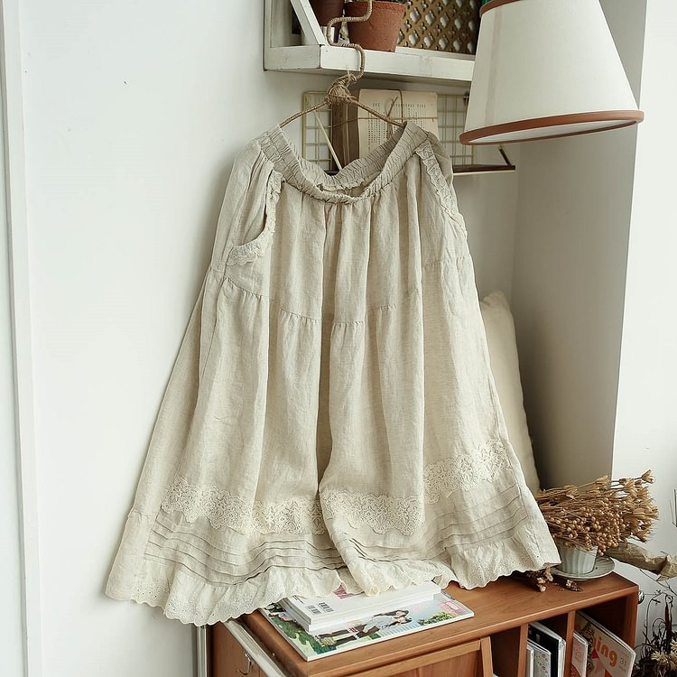Queenfunky cottagecore style Linen Skirt With Lace Hem QueenFunky