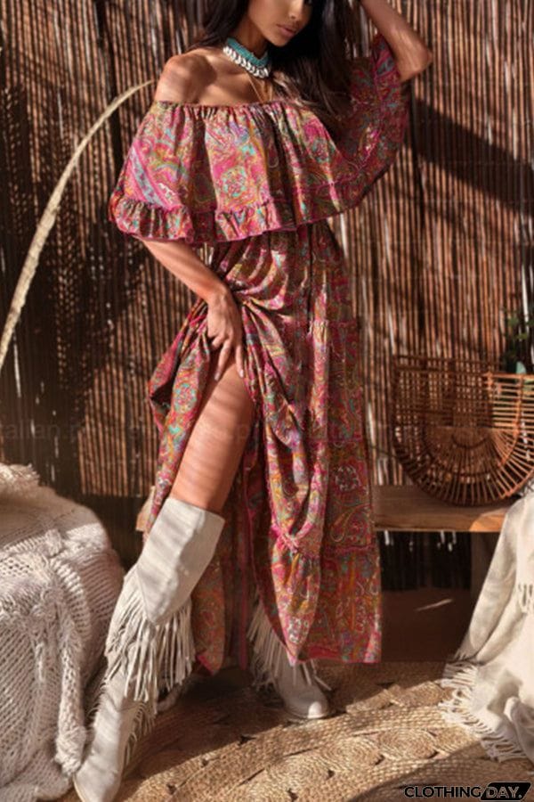 One-neck sweet ruffled print waist dress