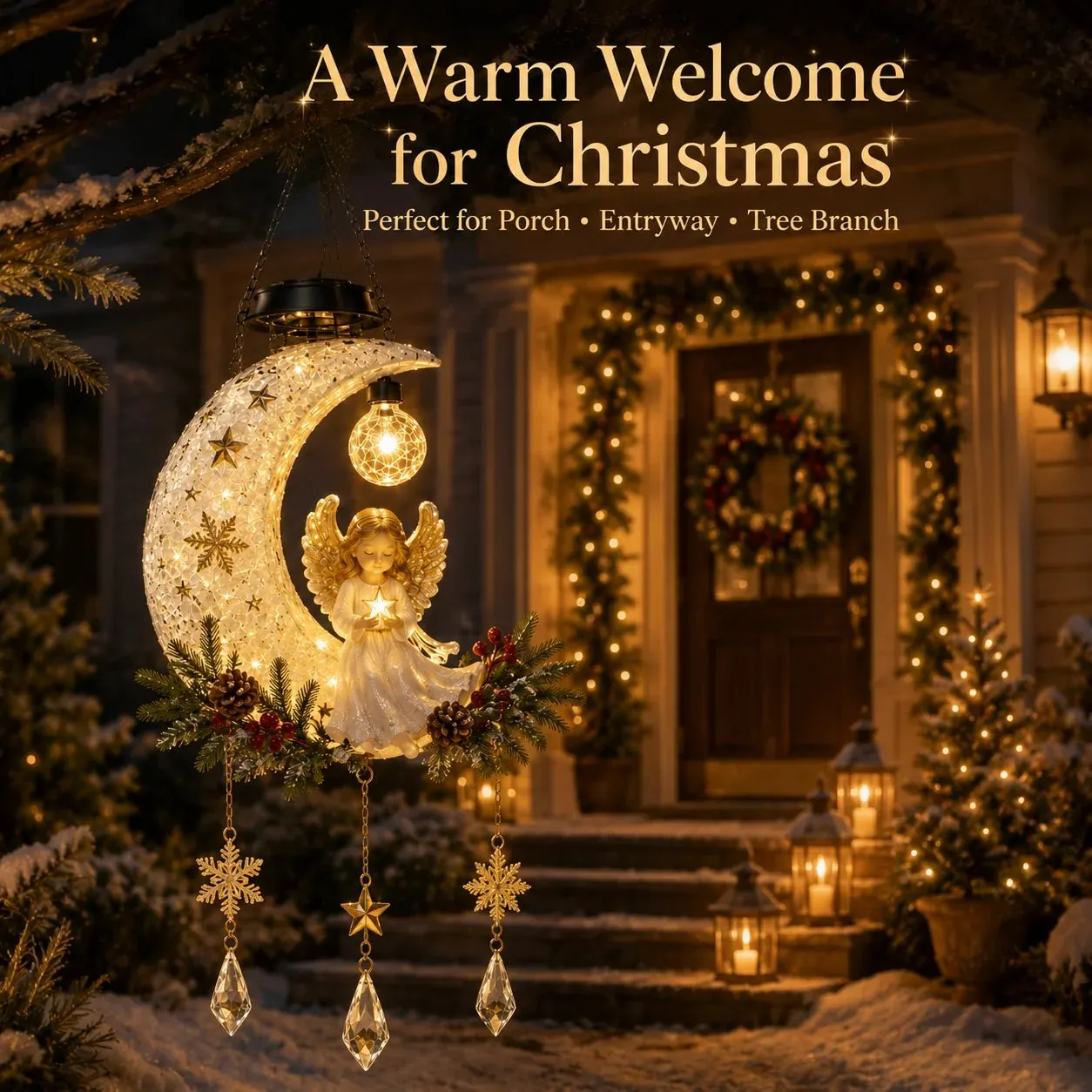 Angel Moon solar Christmas light decorating a warm front porch