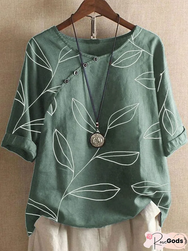 Cotton and Linen Leaf Print Loose Sleeve Blouse