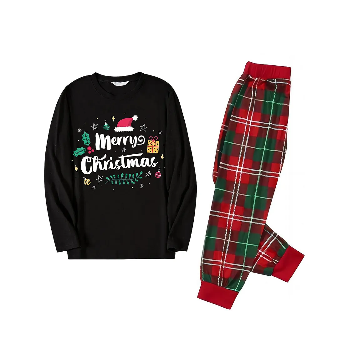 "Merry Christmas" With  Baubles - Black Long Sleeves with Green&Red&White Plaid Pants Family Matching Pajamas