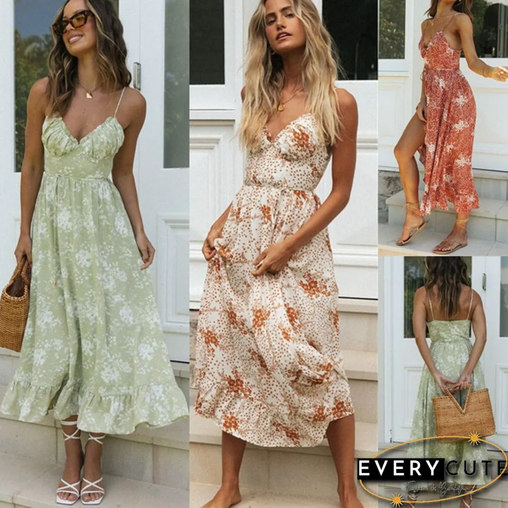 Bohemian Style Womens Fashion Summer Beach Dress V-Neck High Splits Floral Printed Maxi