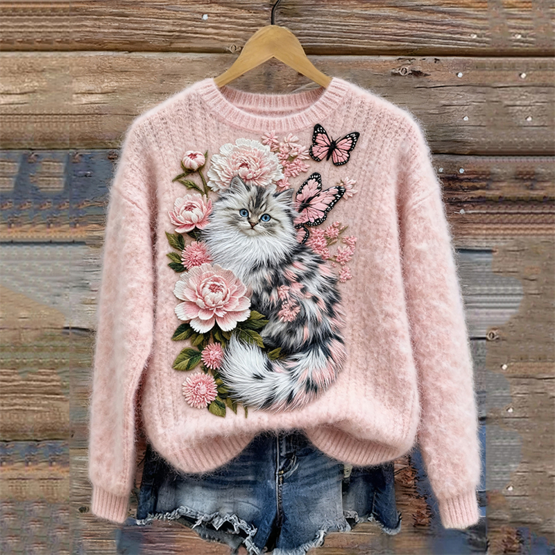 Classy Fuzzy Cat Floral Art Cozy Knit Sweater elevenforest