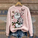 Classy Fuzzy Cat Floral Art Cozy Knit Sweater - Image 2