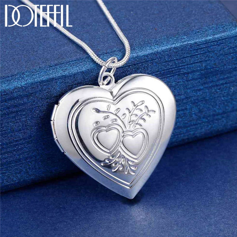 DOTEFFIL 925 Sterling Silver 18 Inch Snake Chain Love Heart Photo Frame Necklace For Women Jewelry
