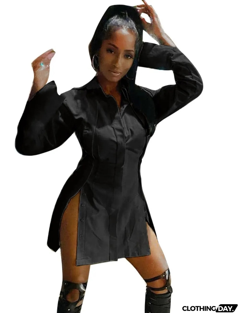 Autumn Sexy Side Slit Blouse Dress with Full Sleeves