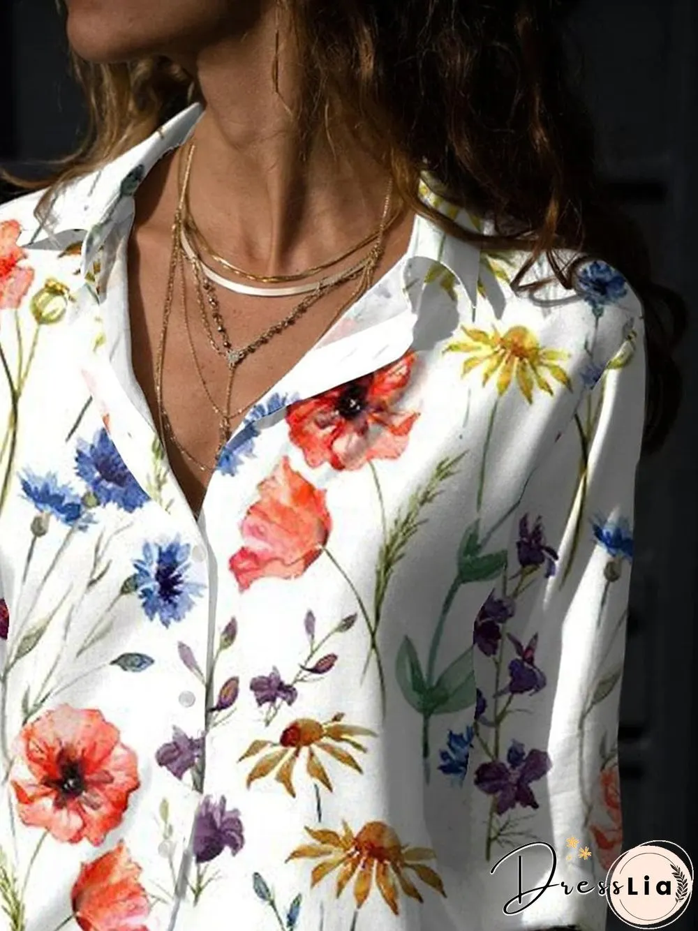 Floral Casual Shirt Collar Long Sleeve Blouse