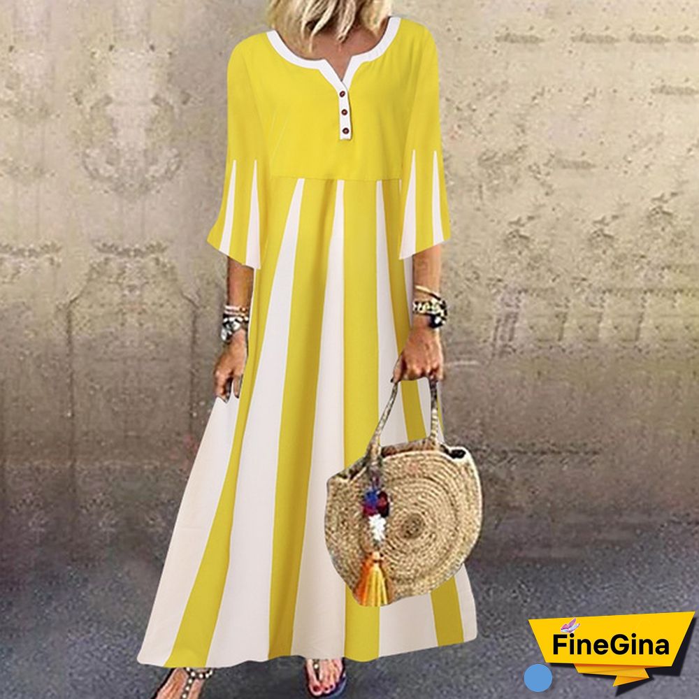 Women's Fashion V Neck 3/4 Sleeve Casual Loose Long Dress Plus Size Striped Dress Vestidos
