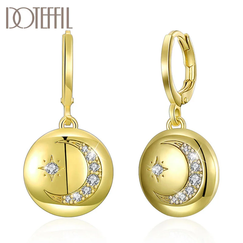 DOTEFFIL 925 Sterling Silver Stars And Moon AAA Zircon 18K Gold Earrings For Women Jewelry